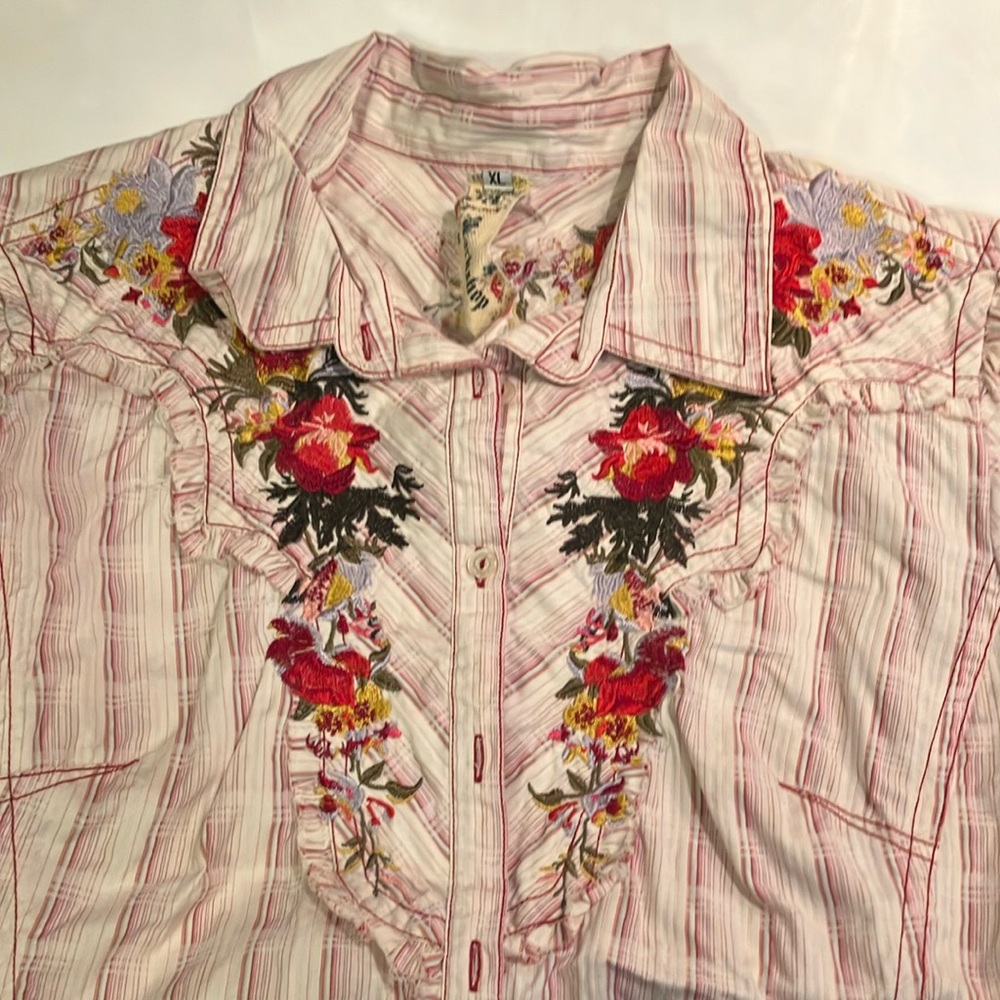 3J Workshop Striped Button Down Shirt with Embroidery - Red, Pink, White